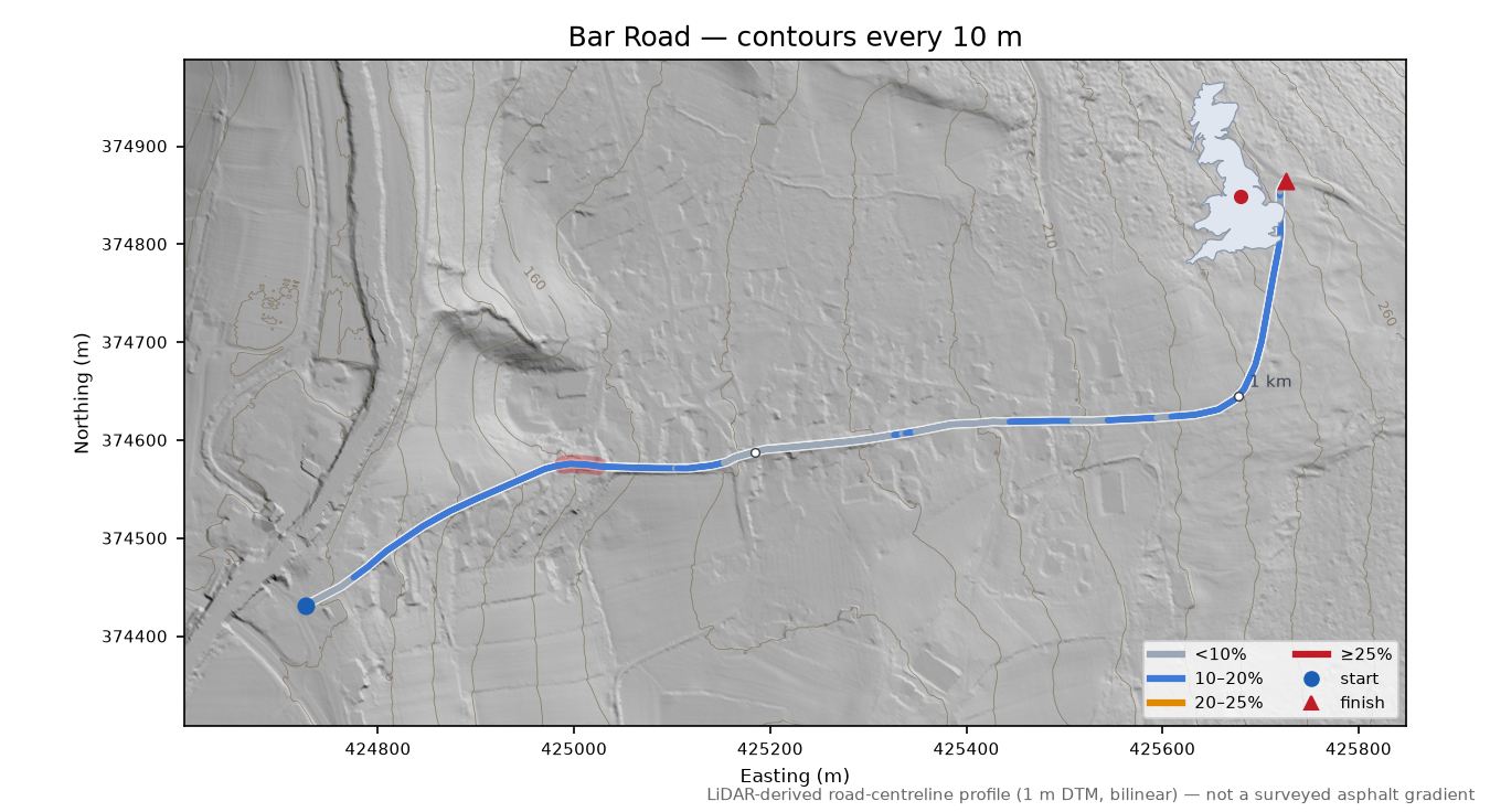 Bar Road LiDAR hillshade map with contours