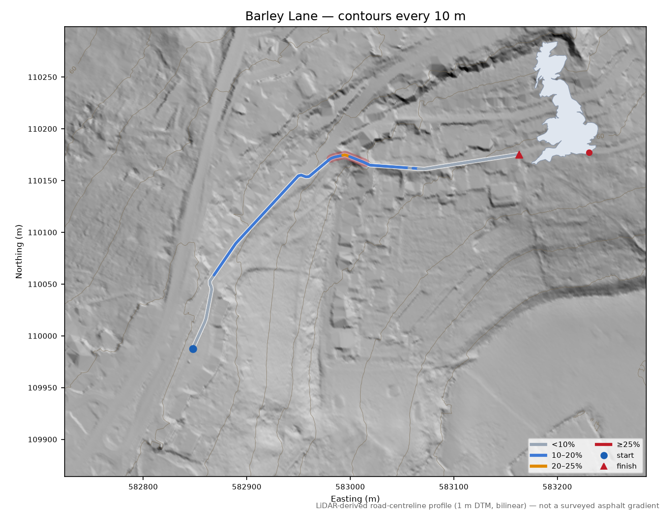 Barley Lane LiDAR hillshade map with contours