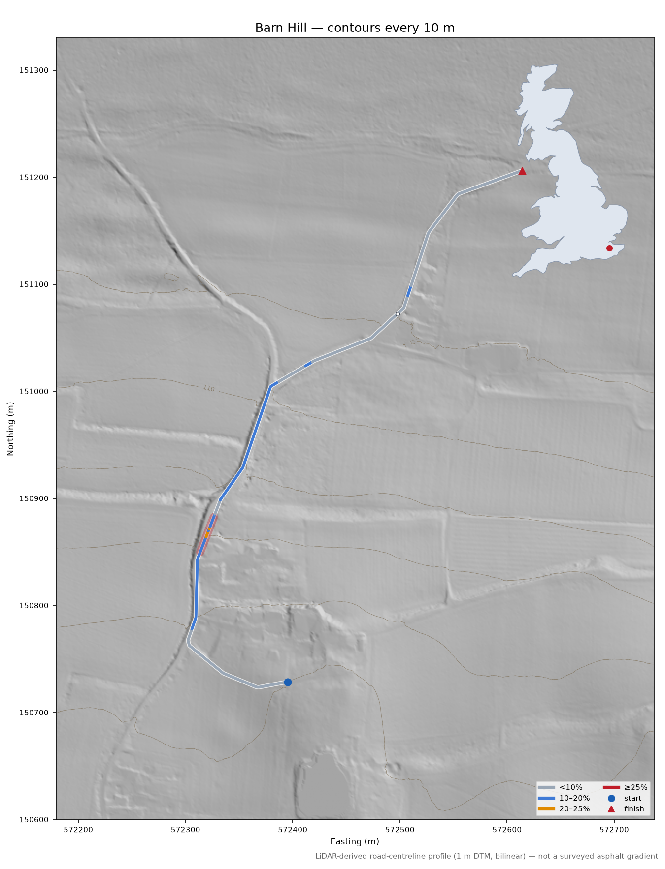 Barn Hill LiDAR hillshade map with contours