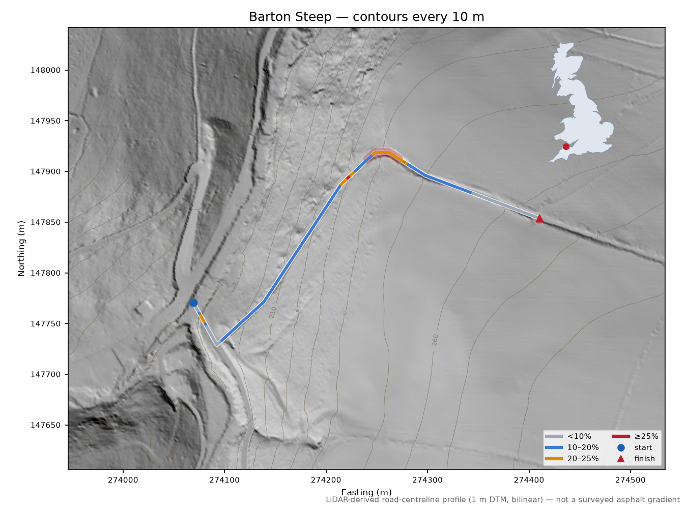 Barton Steep LiDAR hillshade map with contours