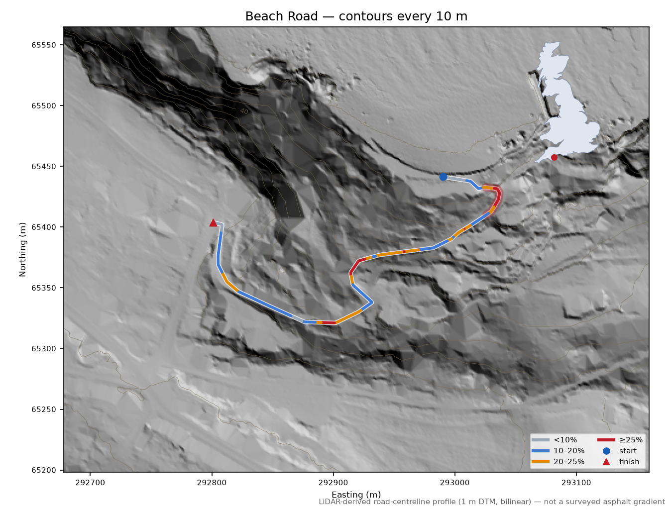 Beach Road LiDAR hillshade map with contours