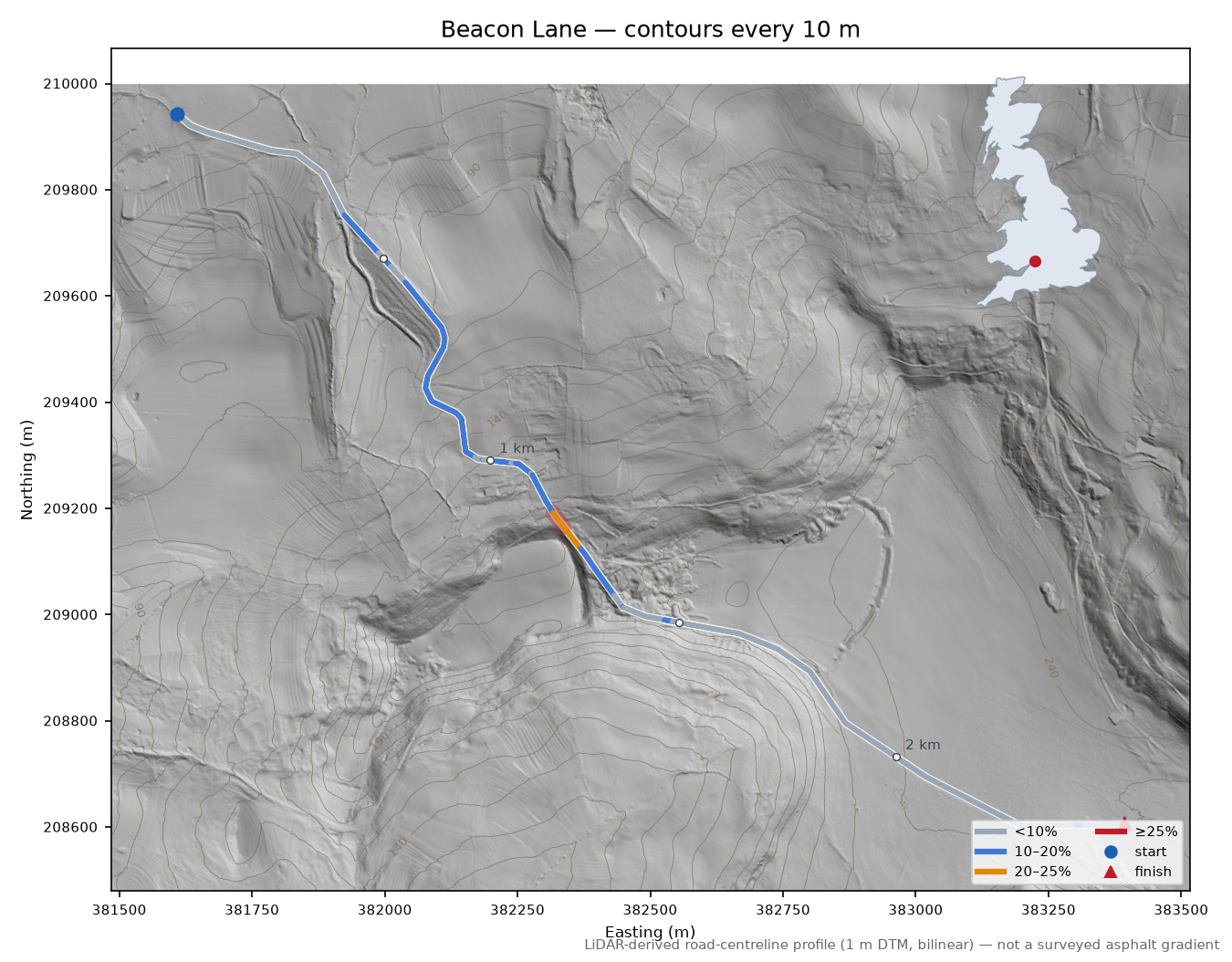 Beacon Lane LiDAR hillshade map with contours