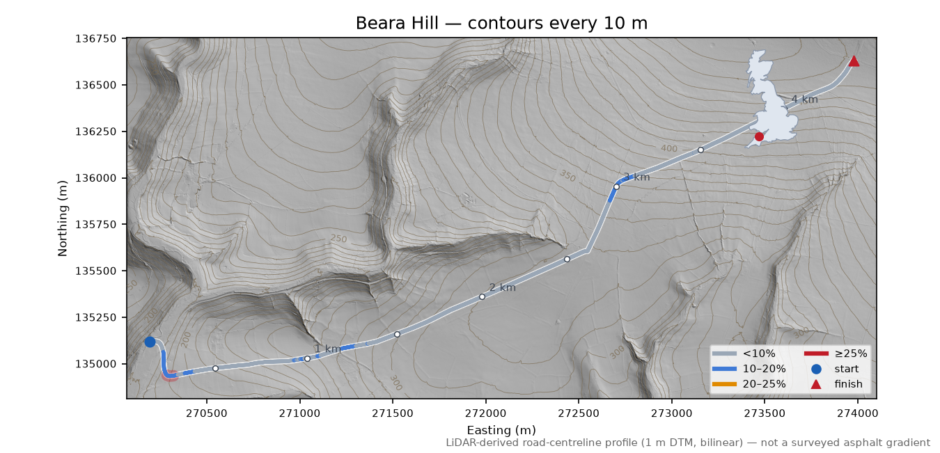 Beara Hill LiDAR hillshade map with contours