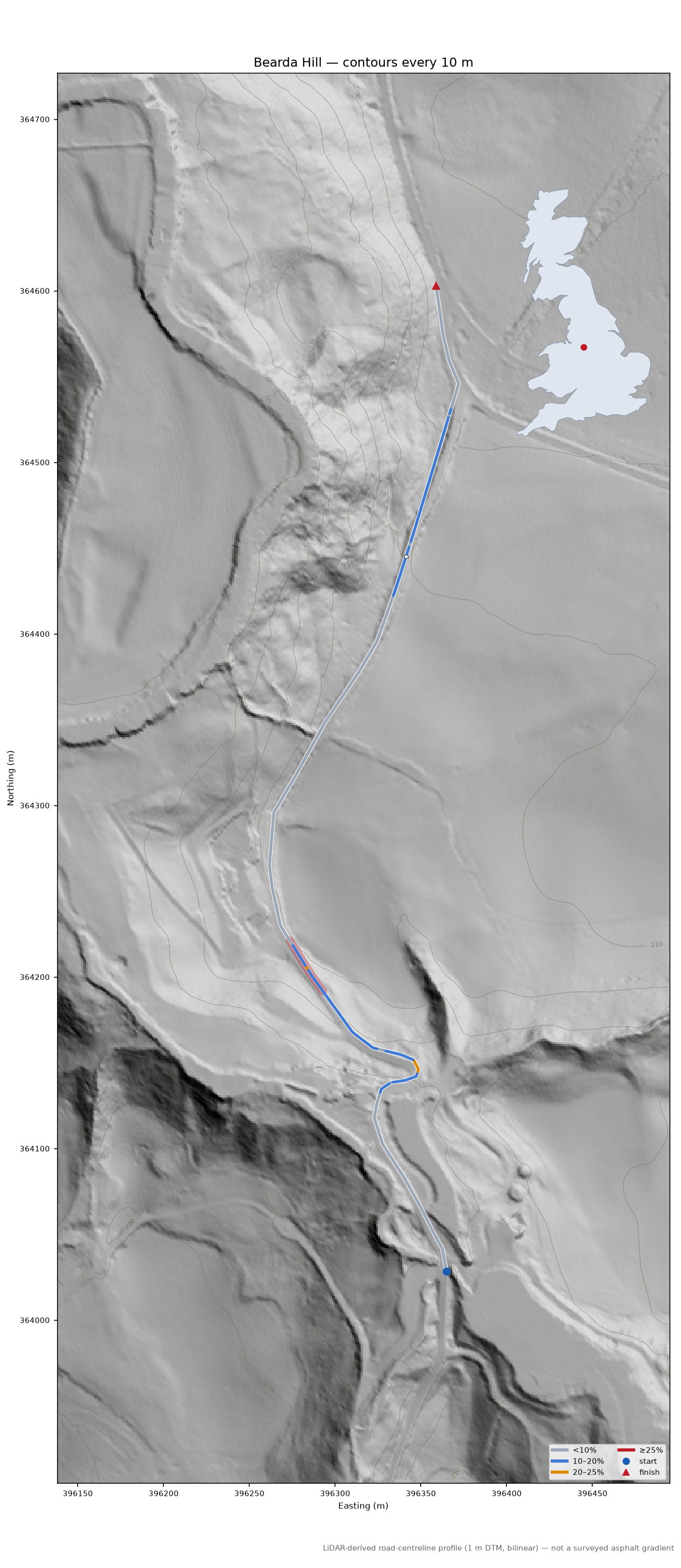 Bearda Hill LiDAR hillshade map with contours