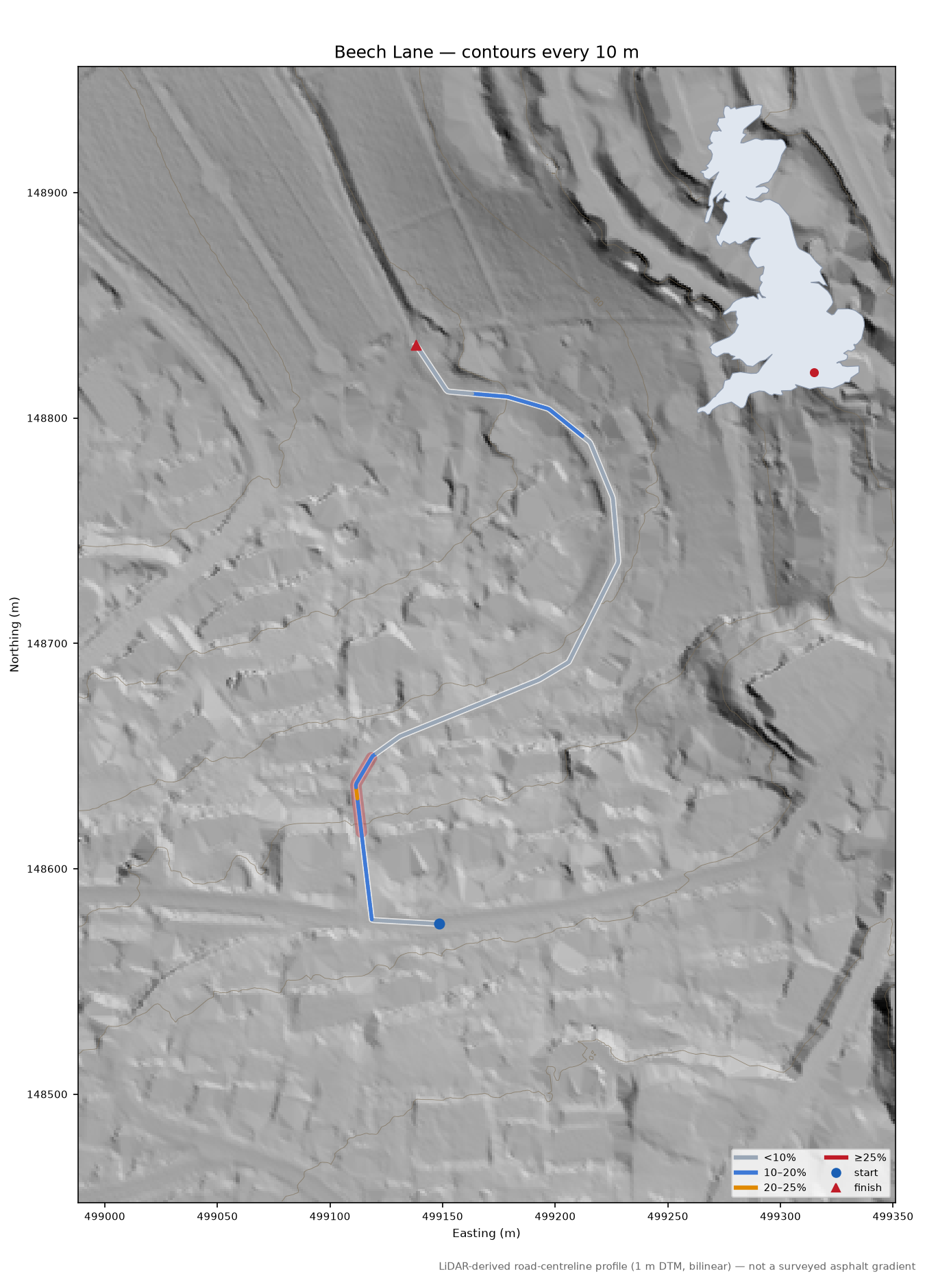 Beech Lane LiDAR hillshade map with contours