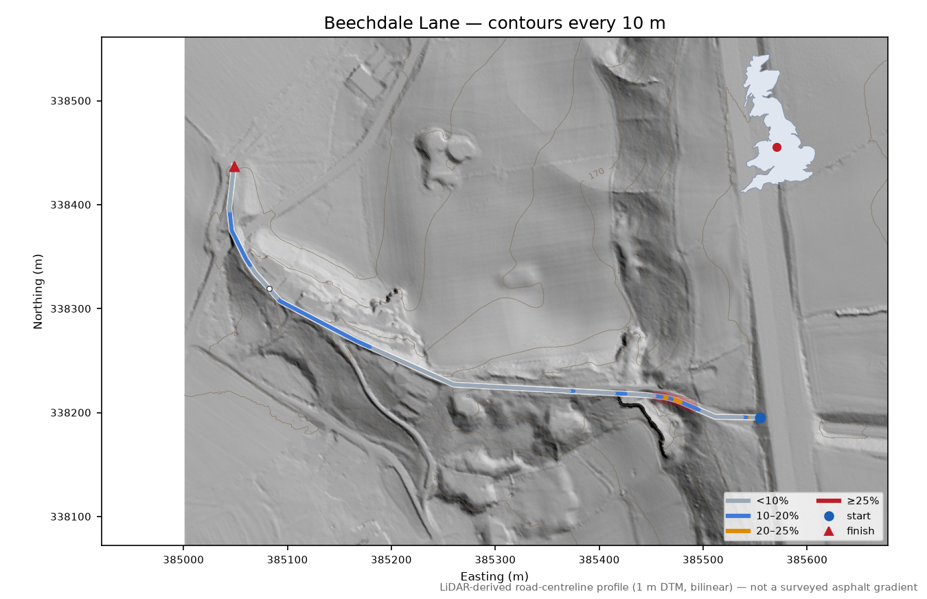 Beechdale Lane LiDAR hillshade map with contours