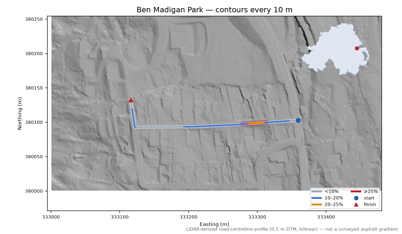 Ben Madigan Park LiDAR hillshade map with contours