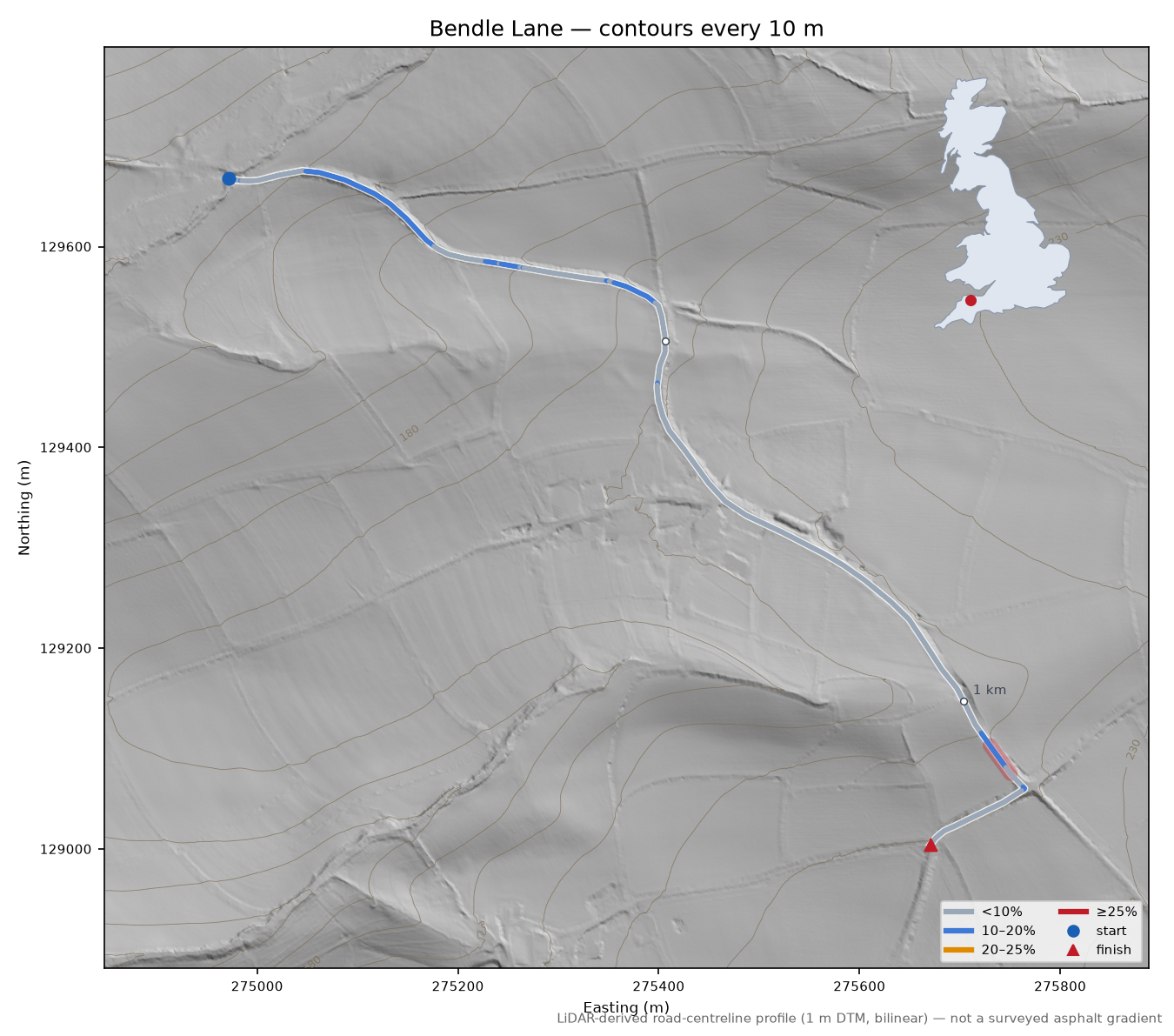 Bendle Lane LiDAR hillshade map with contours