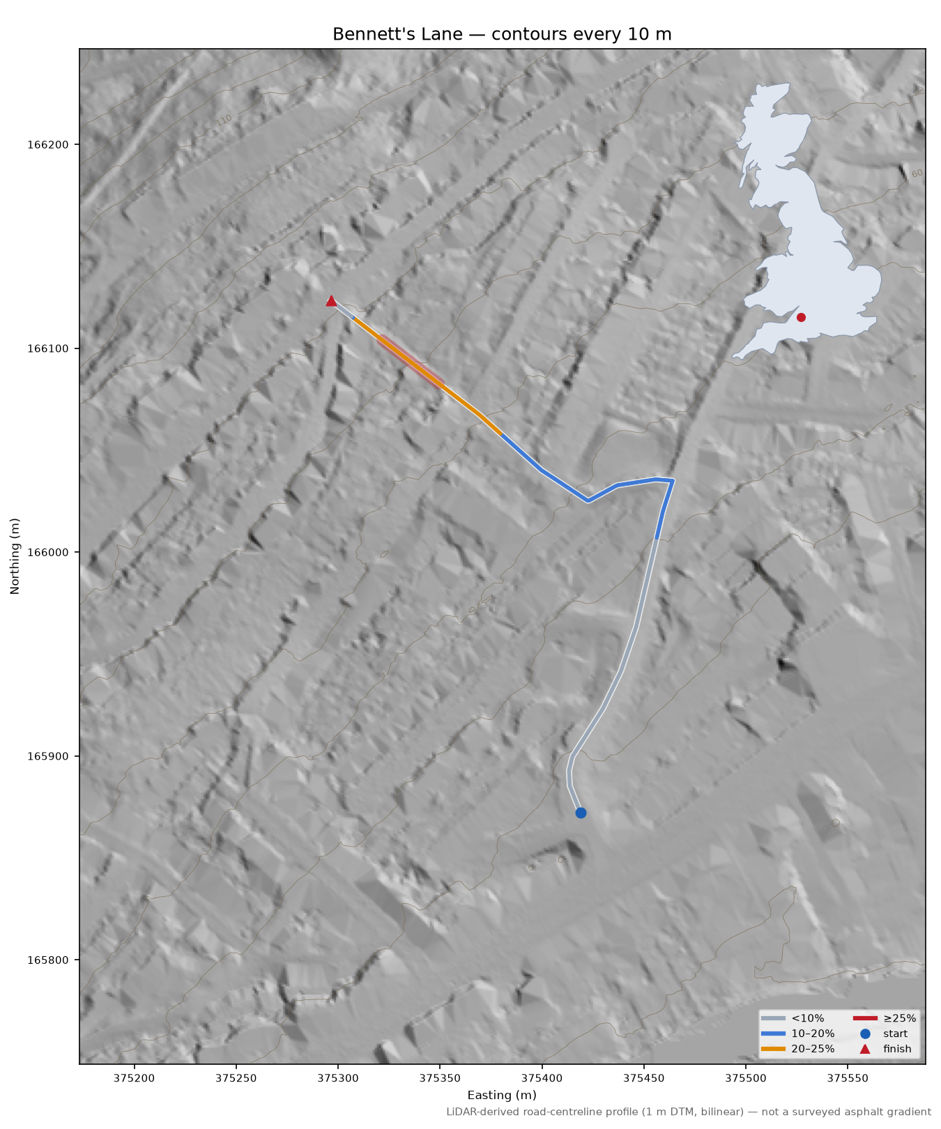 Bennett's Lane LiDAR hillshade map with contours