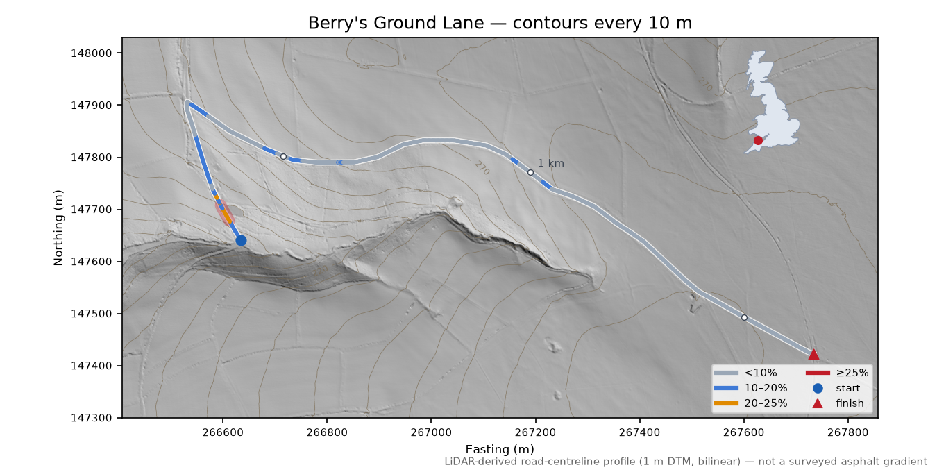 Berry's Ground Lane LiDAR hillshade map with contours
