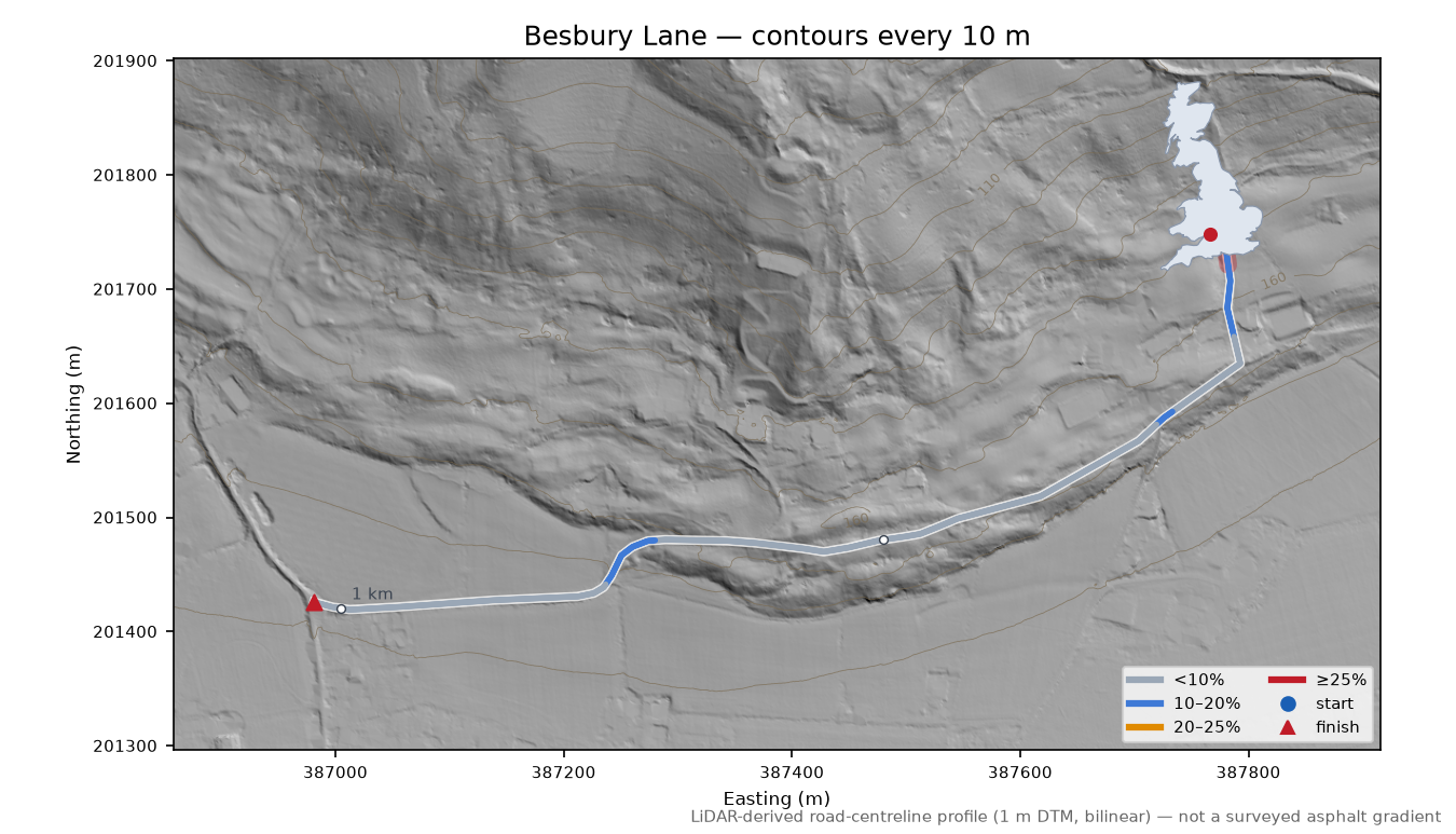 Besbury Lane LiDAR hillshade map with contours