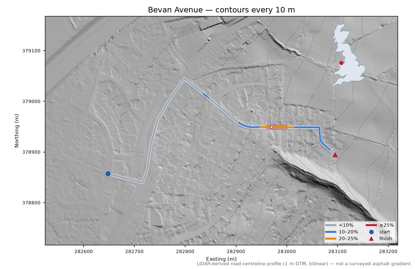 Bevan Avenue LiDAR hillshade map with contours