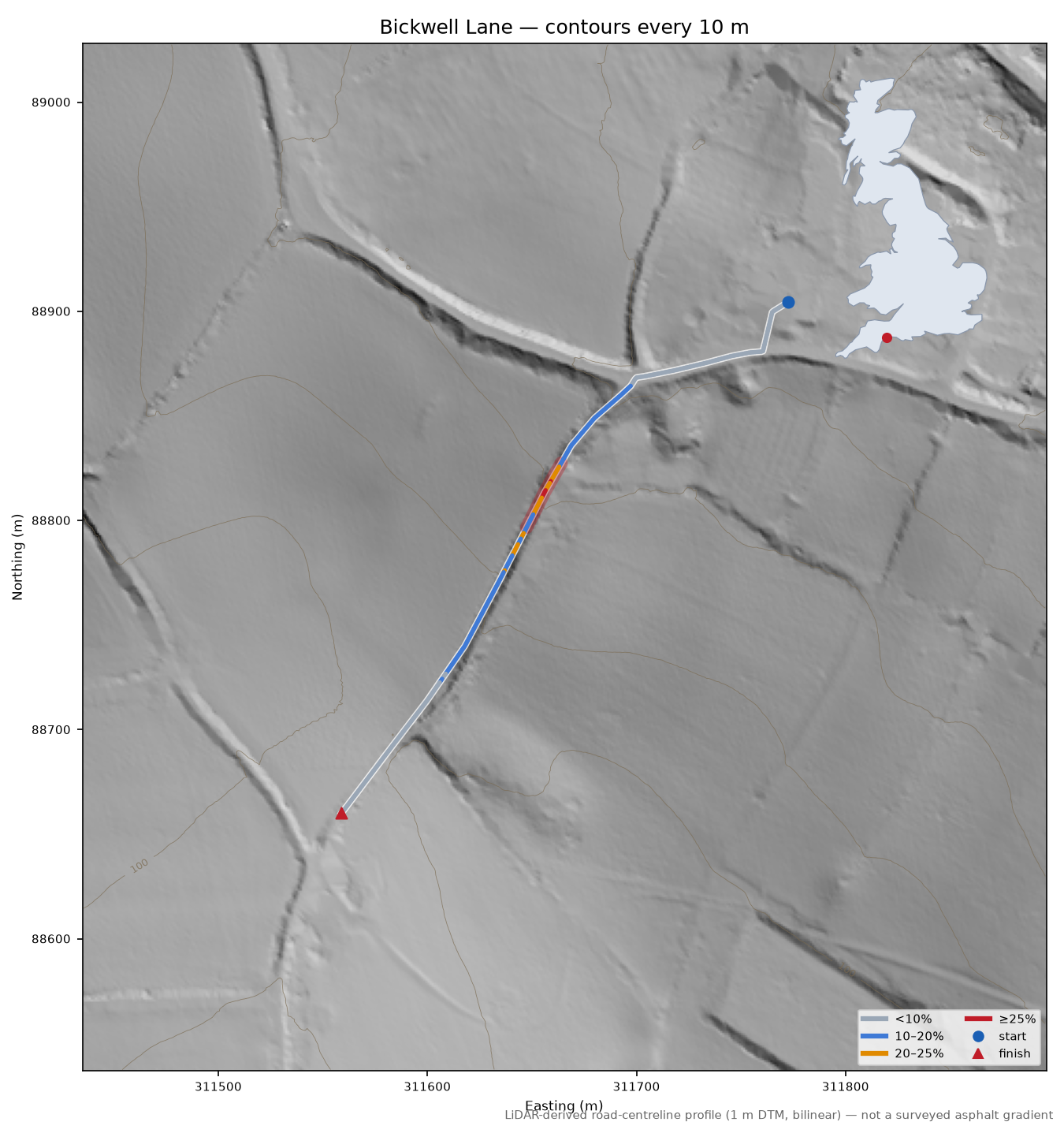 Bickwell Lane LiDAR hillshade map with contours