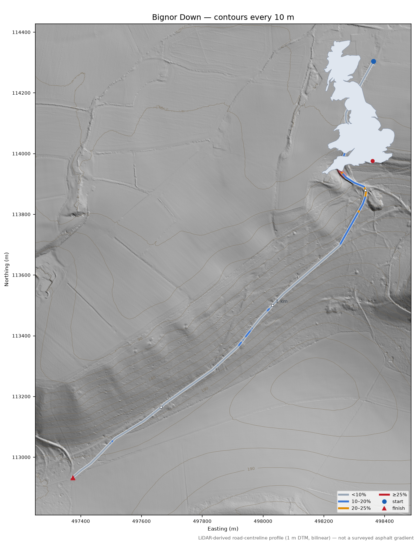 Bignor Down LiDAR hillshade map with contours