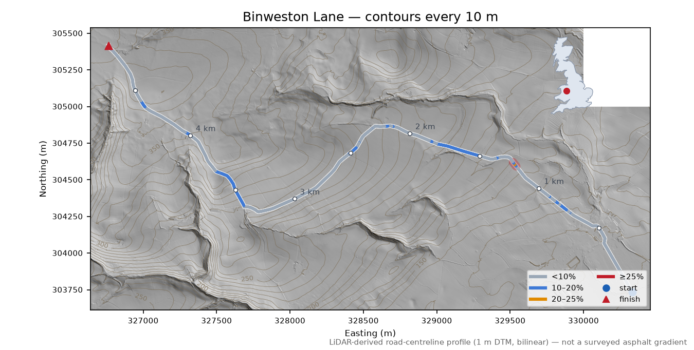 Binweston Lane LiDAR hillshade map with contours