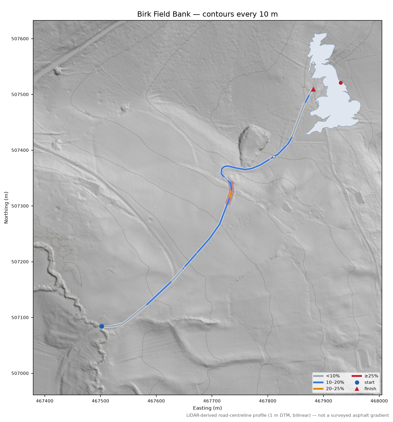 Birk Field Bank LiDAR hillshade map with contours