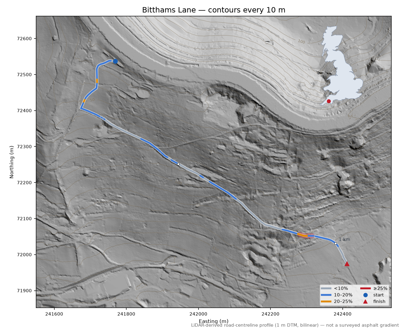 Bitthams Lane LiDAR hillshade map with contours