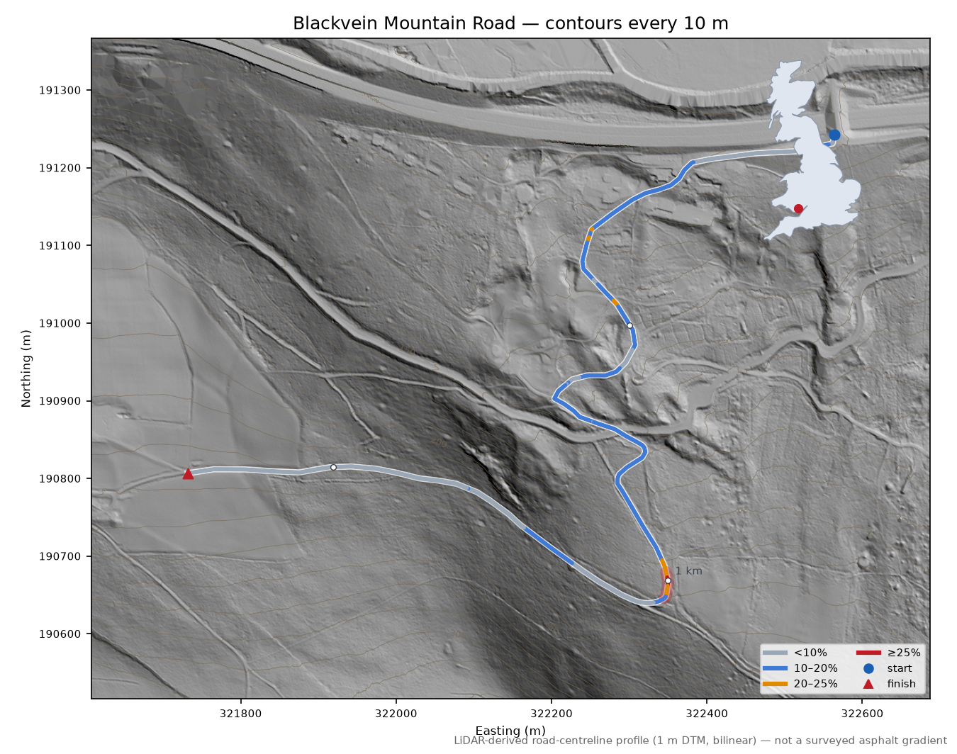 Blackvein Mountain Road LiDAR hillshade map with contours