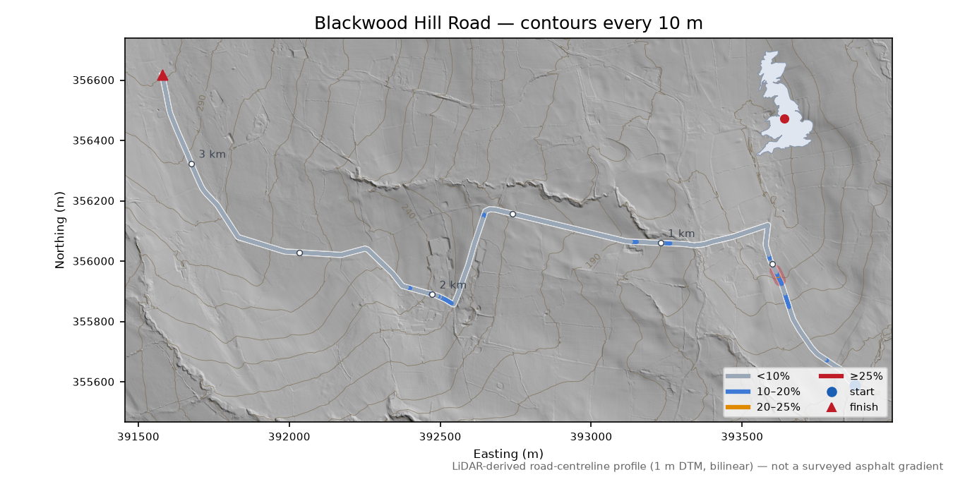 Blackwood Hill Road LiDAR hillshade map with contours