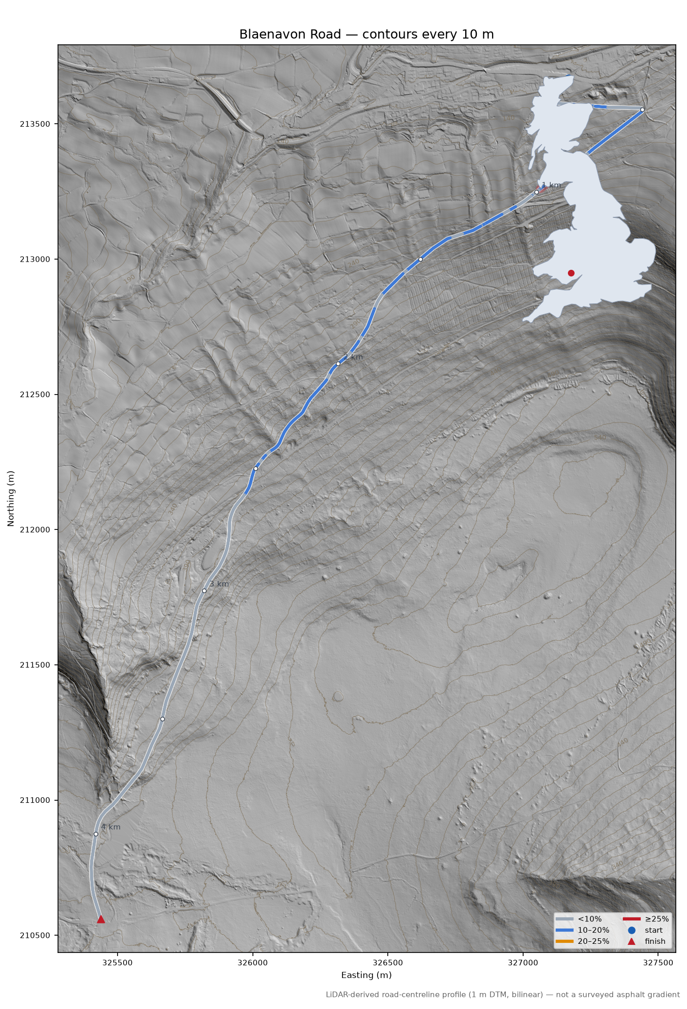 Blaenavon Road LiDAR hillshade map with contours