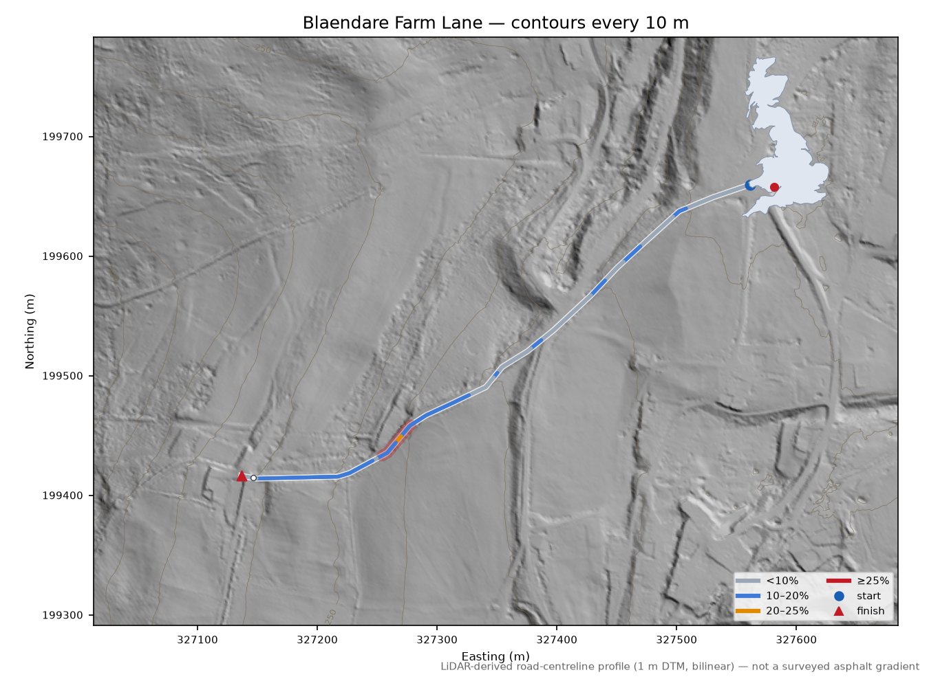 Blaendare Farm Lane LiDAR hillshade map with contours