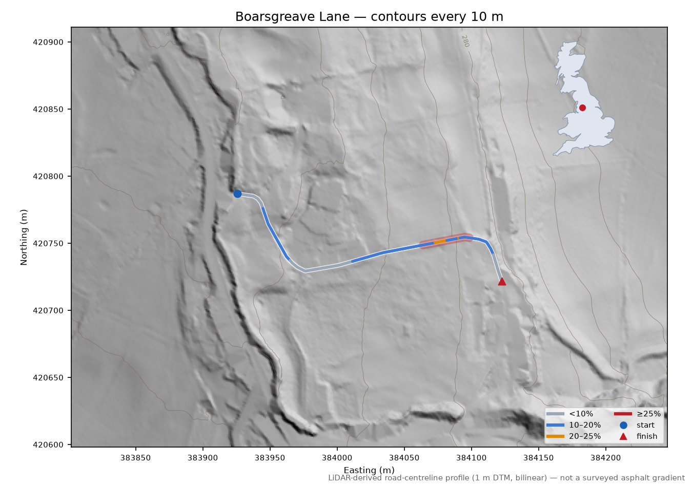 Boarsgreave Lane LiDAR hillshade map with contours