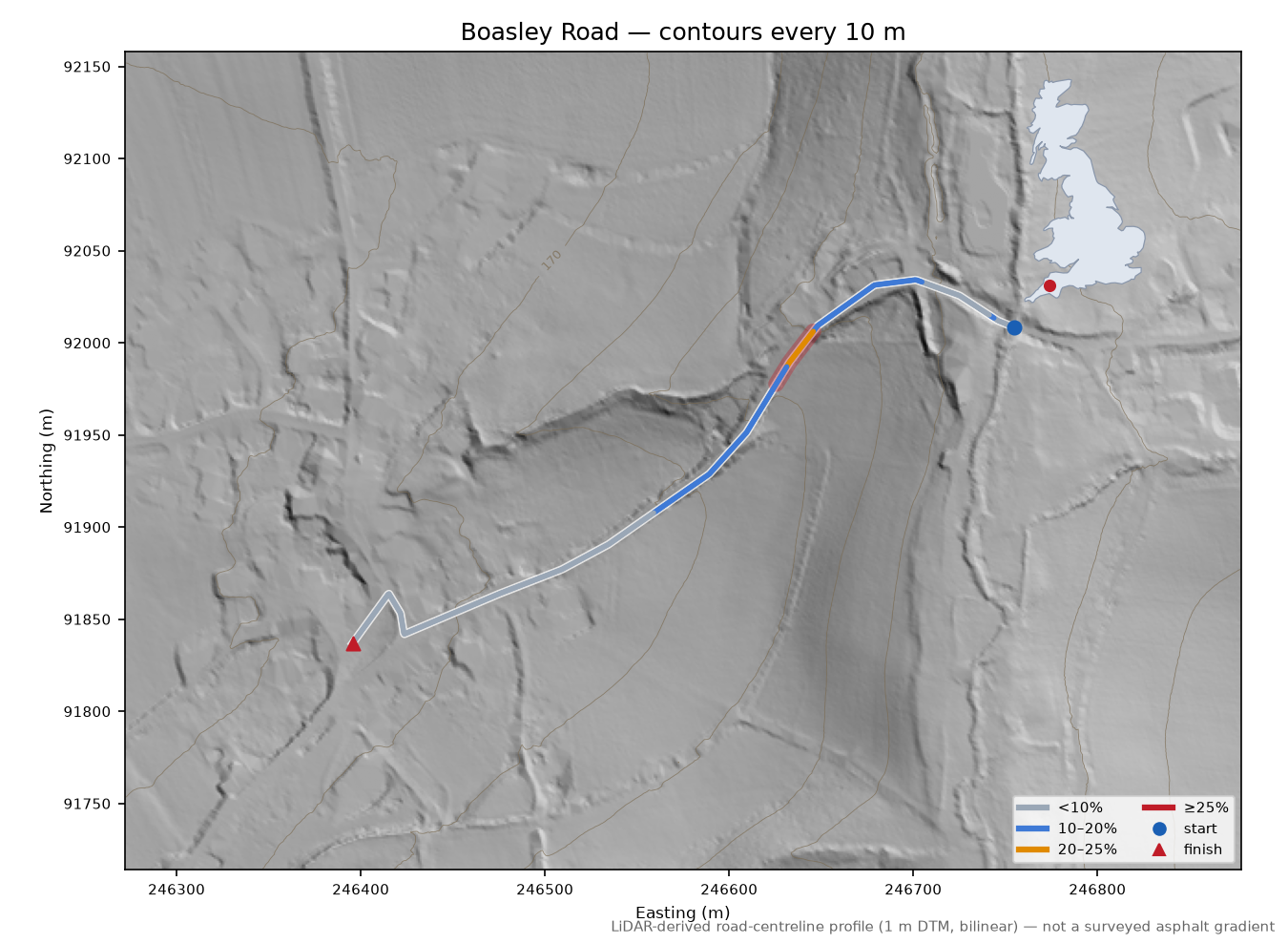 Boasley Road LiDAR hillshade map with contours