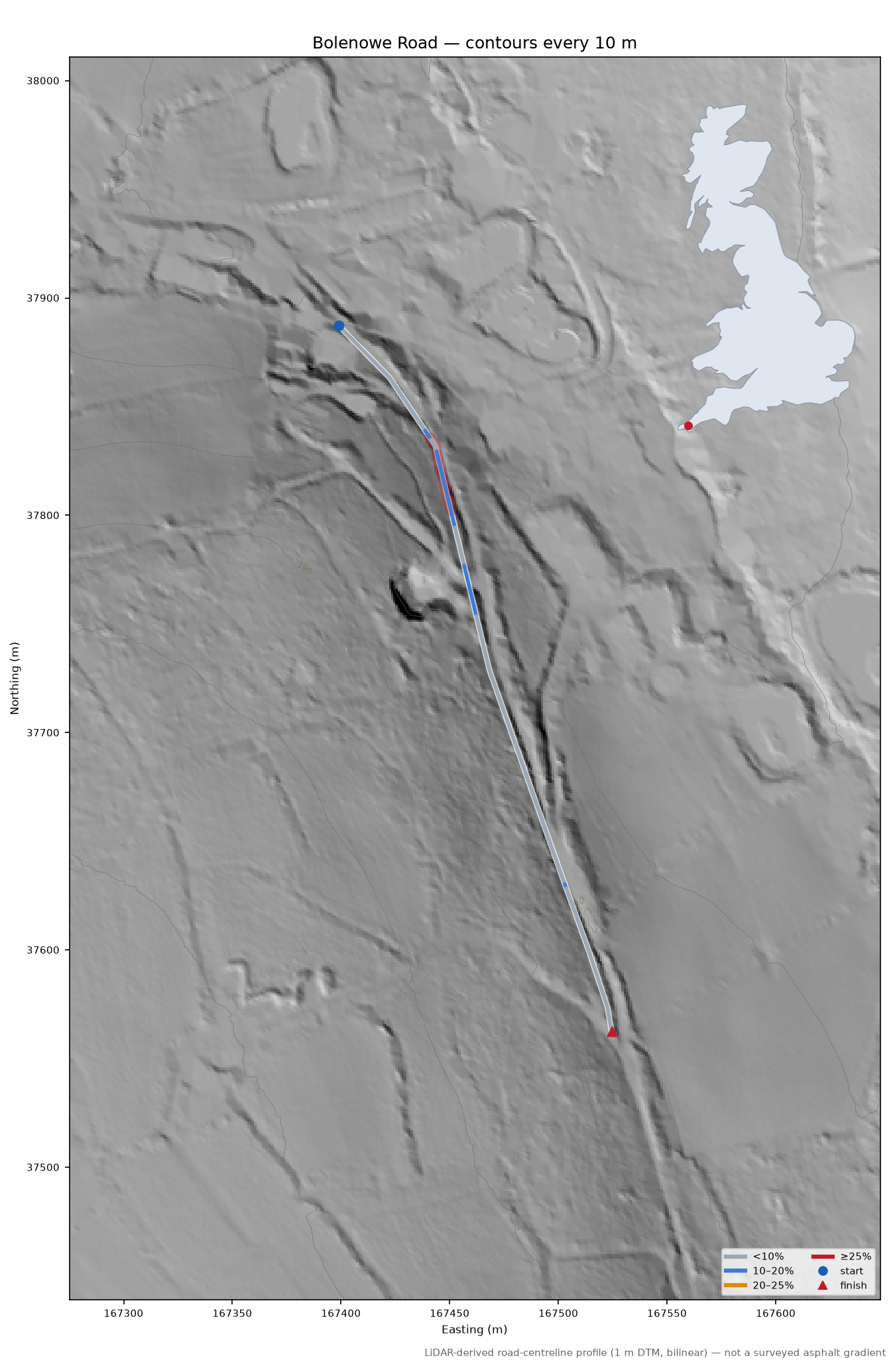 Bolenowe Road LiDAR hillshade map with contours