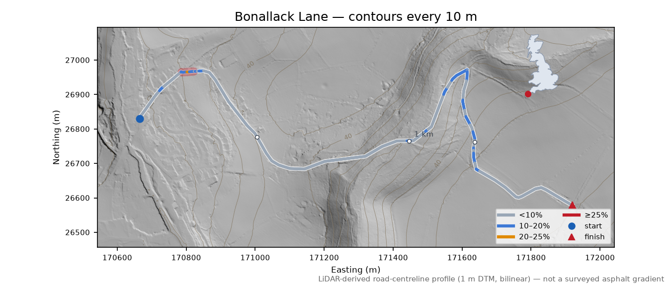 Bonallack Lane LiDAR hillshade map with contours