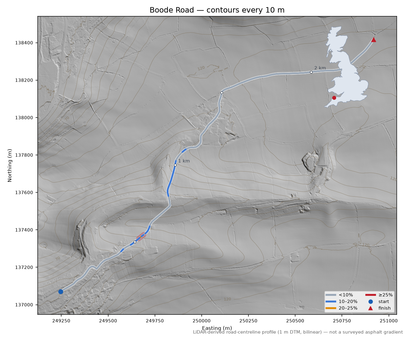 Boode Road LiDAR hillshade map with contours