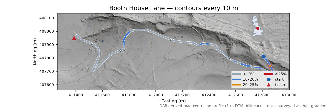 Booth House Lane LiDAR hillshade map with contours