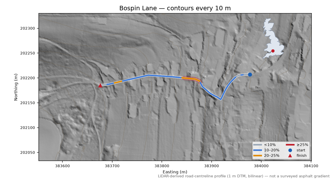 Bospin Lane LiDAR hillshade map with contours