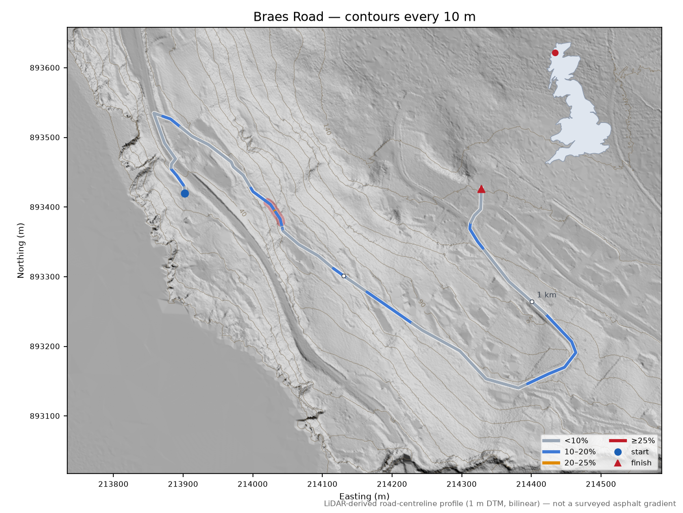 Braes Road LiDAR hillshade map with contours