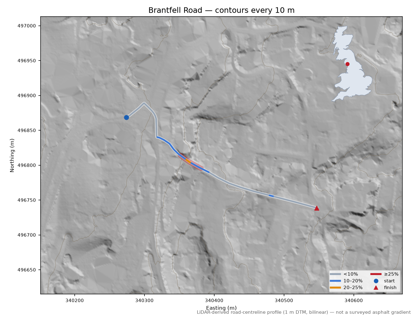 Brantfell Road LiDAR hillshade map with contours