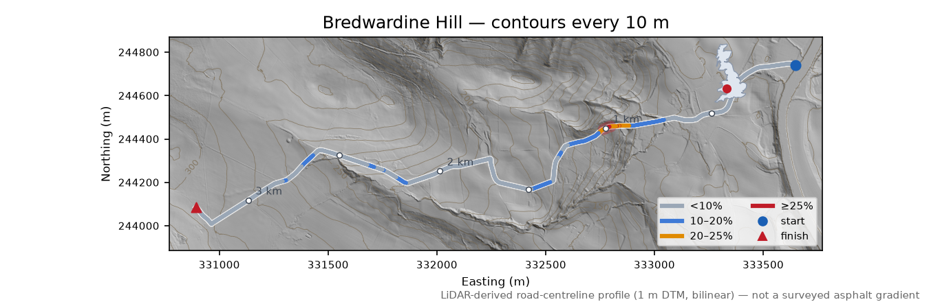 Bredwardine Hill LiDAR hillshade map with contours