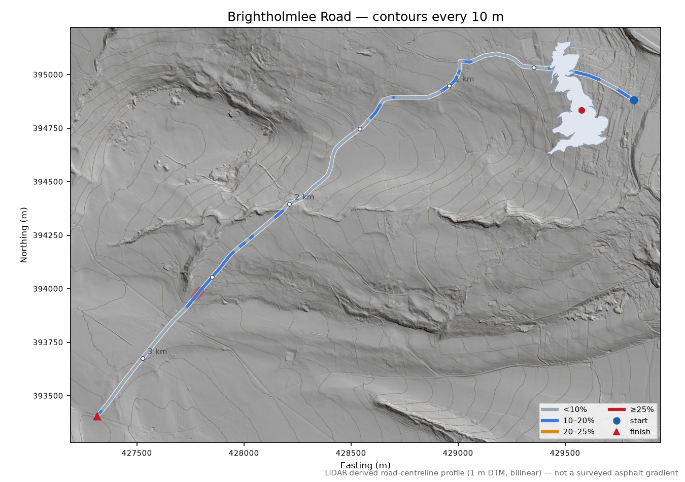 Brightholmlee Road LiDAR hillshade map with contours