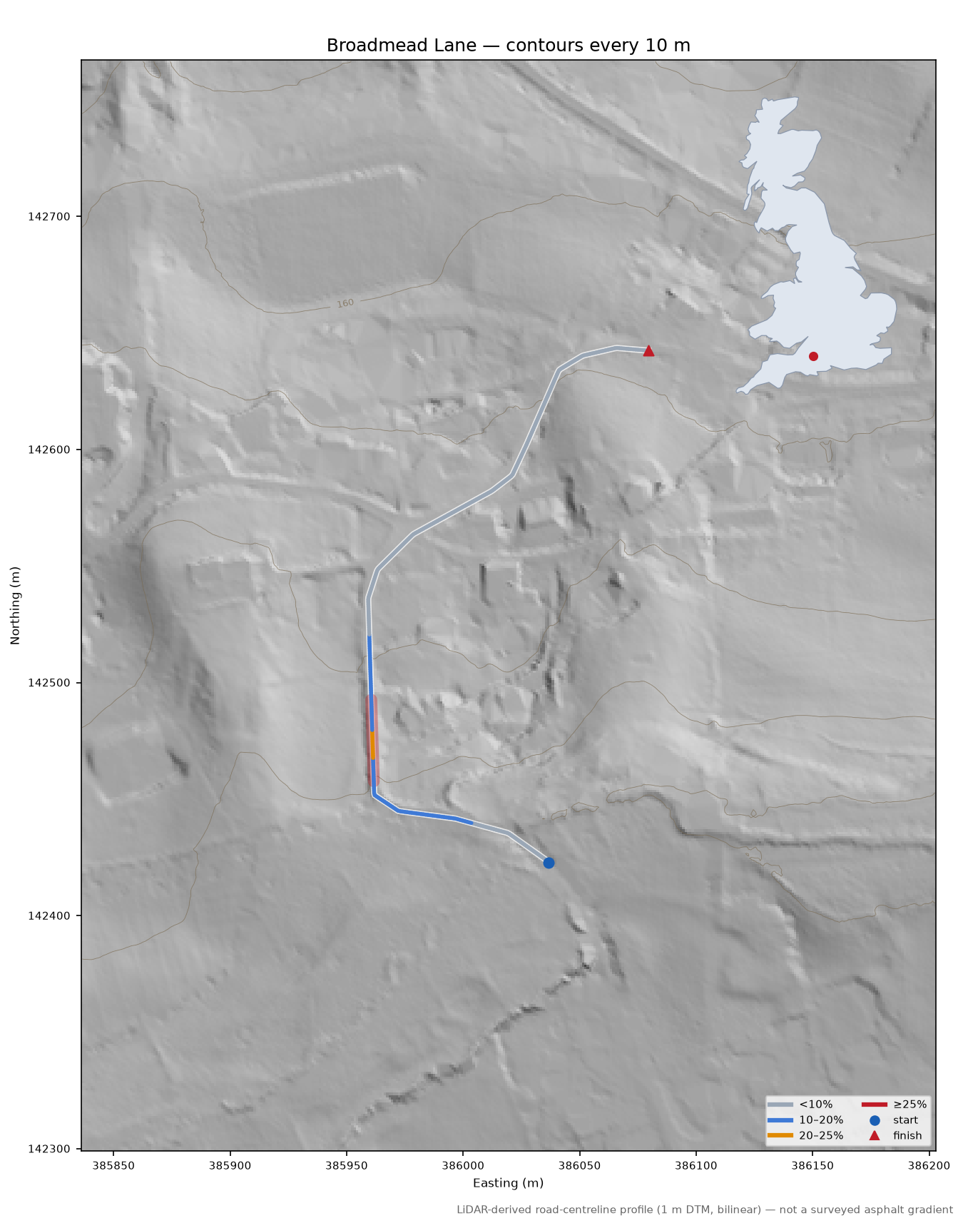 Broadmead Lane LiDAR hillshade map with contours