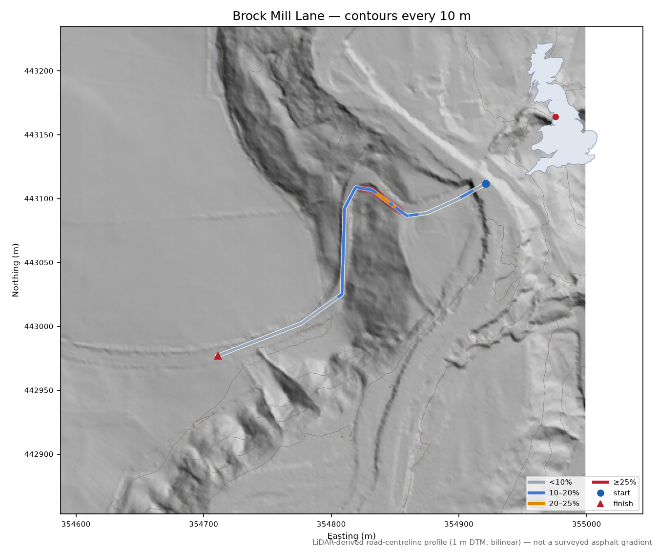 Brock Mill Lane LiDAR hillshade map with contours