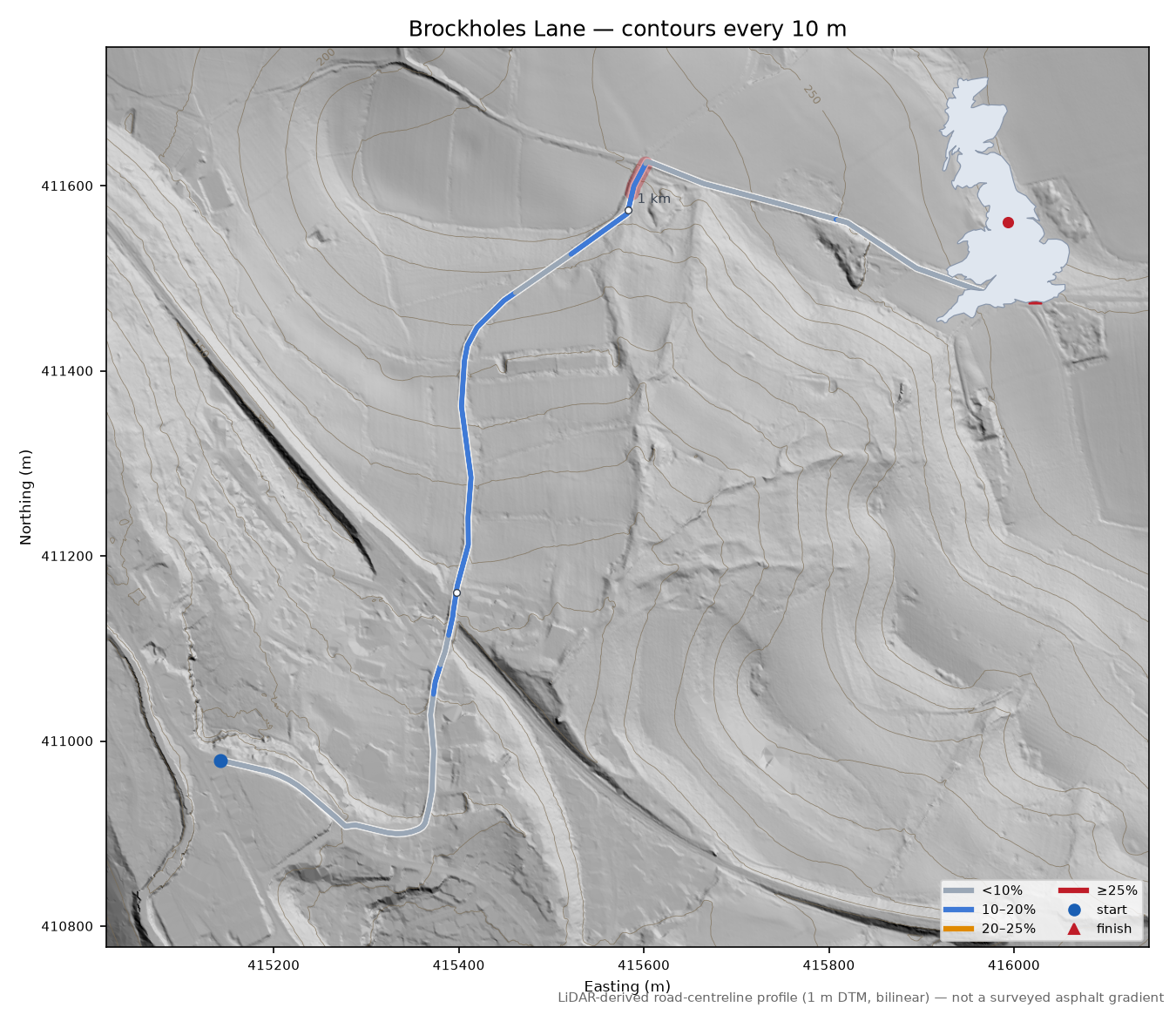 Brockholes Lane LiDAR hillshade map with contours