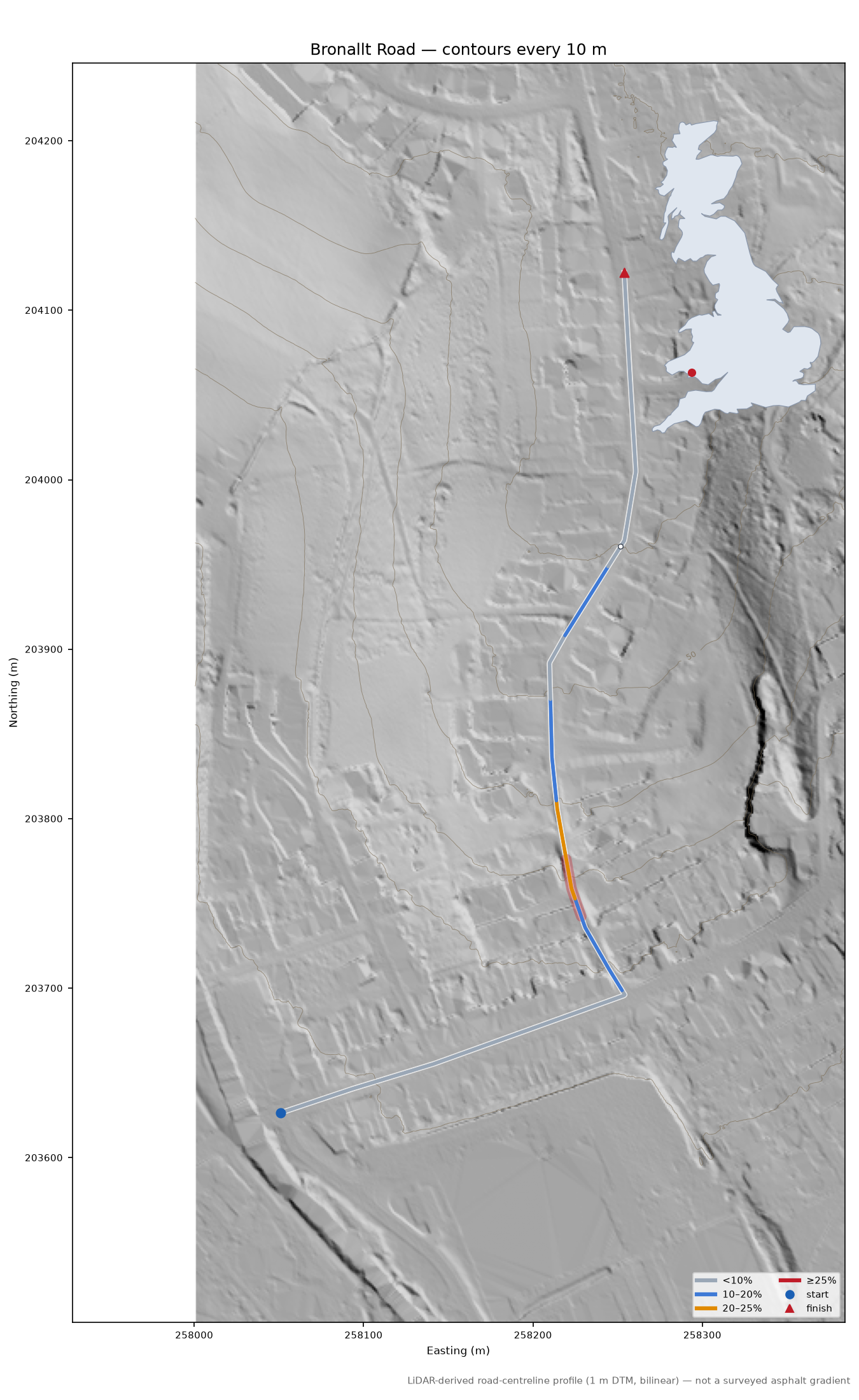 Bronallt Road LiDAR hillshade map with contours