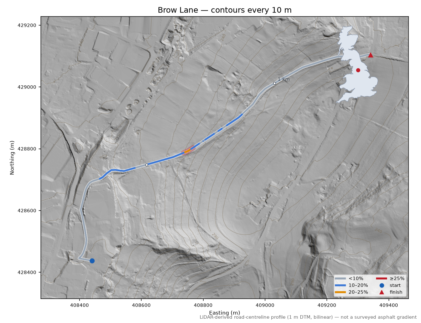 Brow Lane LiDAR hillshade map with contours