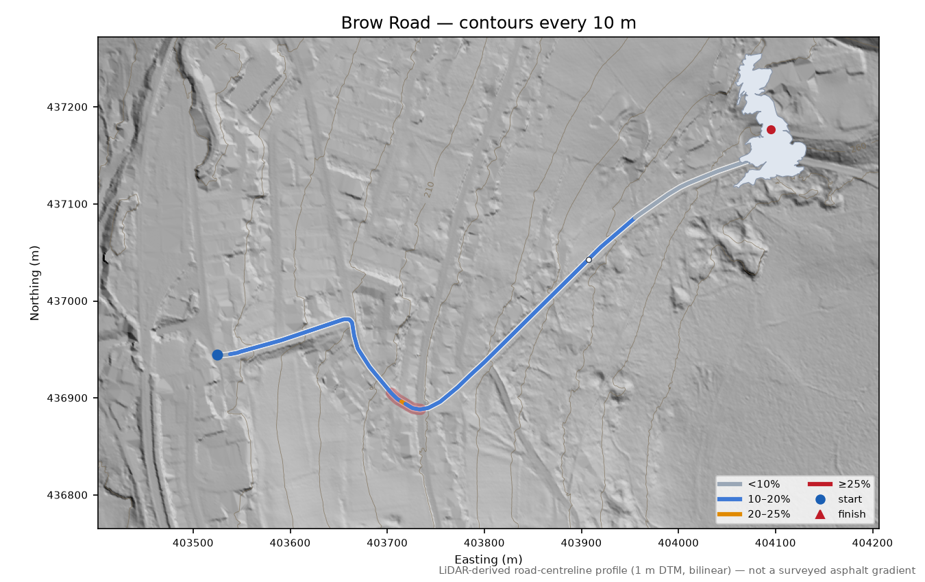 Brow Road LiDAR hillshade map with contours