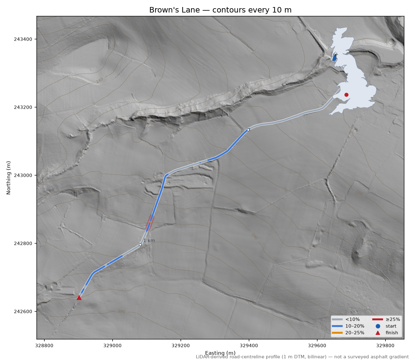 Brown's Lane LiDAR hillshade map with contours