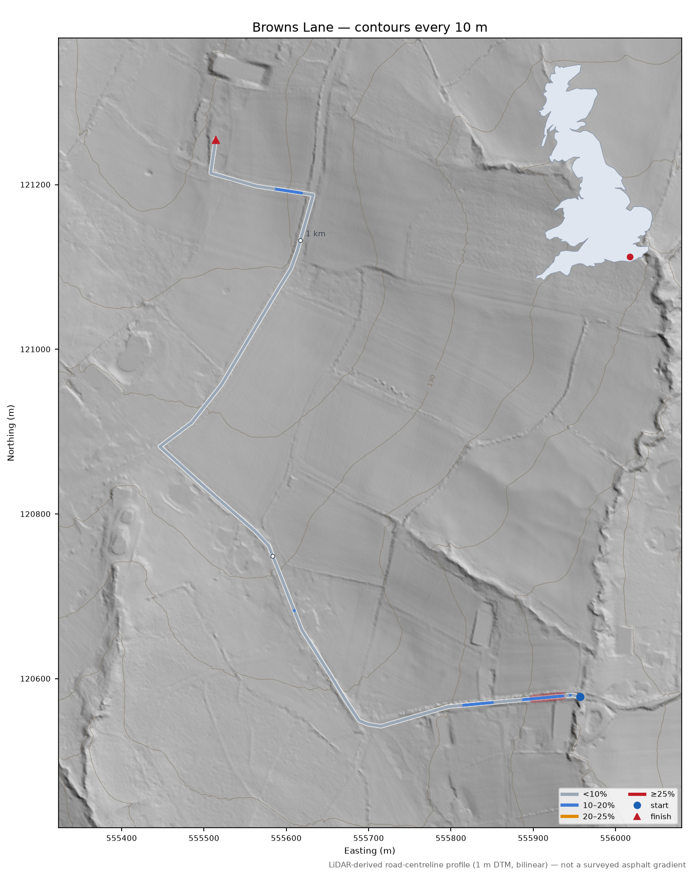 Browns Lane LiDAR hillshade map with contours