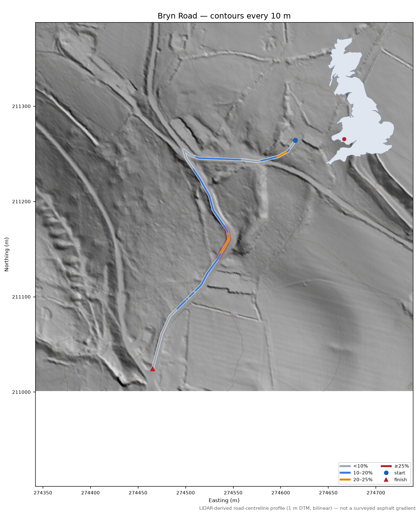 Bryn Road LiDAR hillshade map with contours