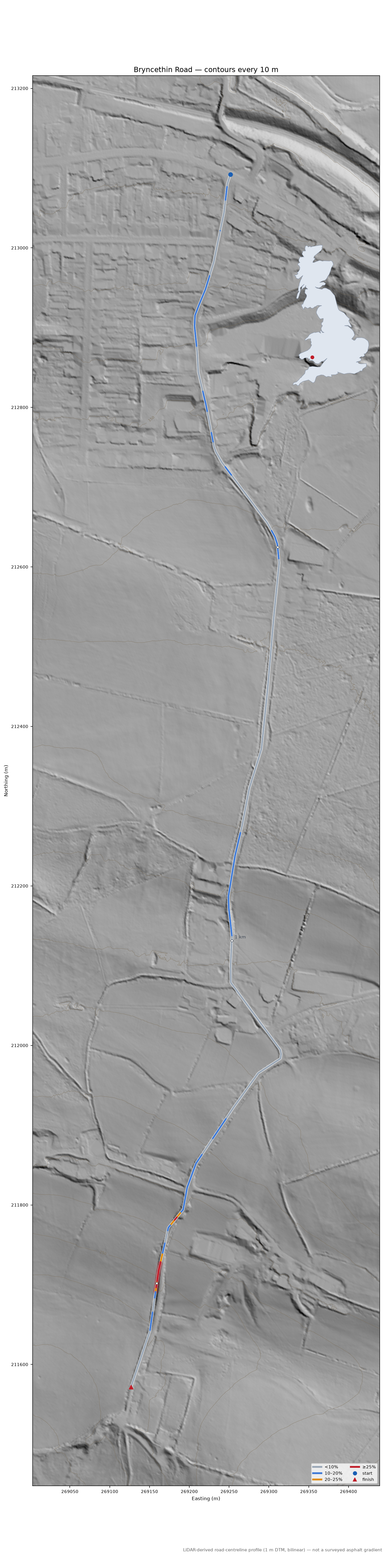Bryncethin Road LiDAR hillshade map with contours
