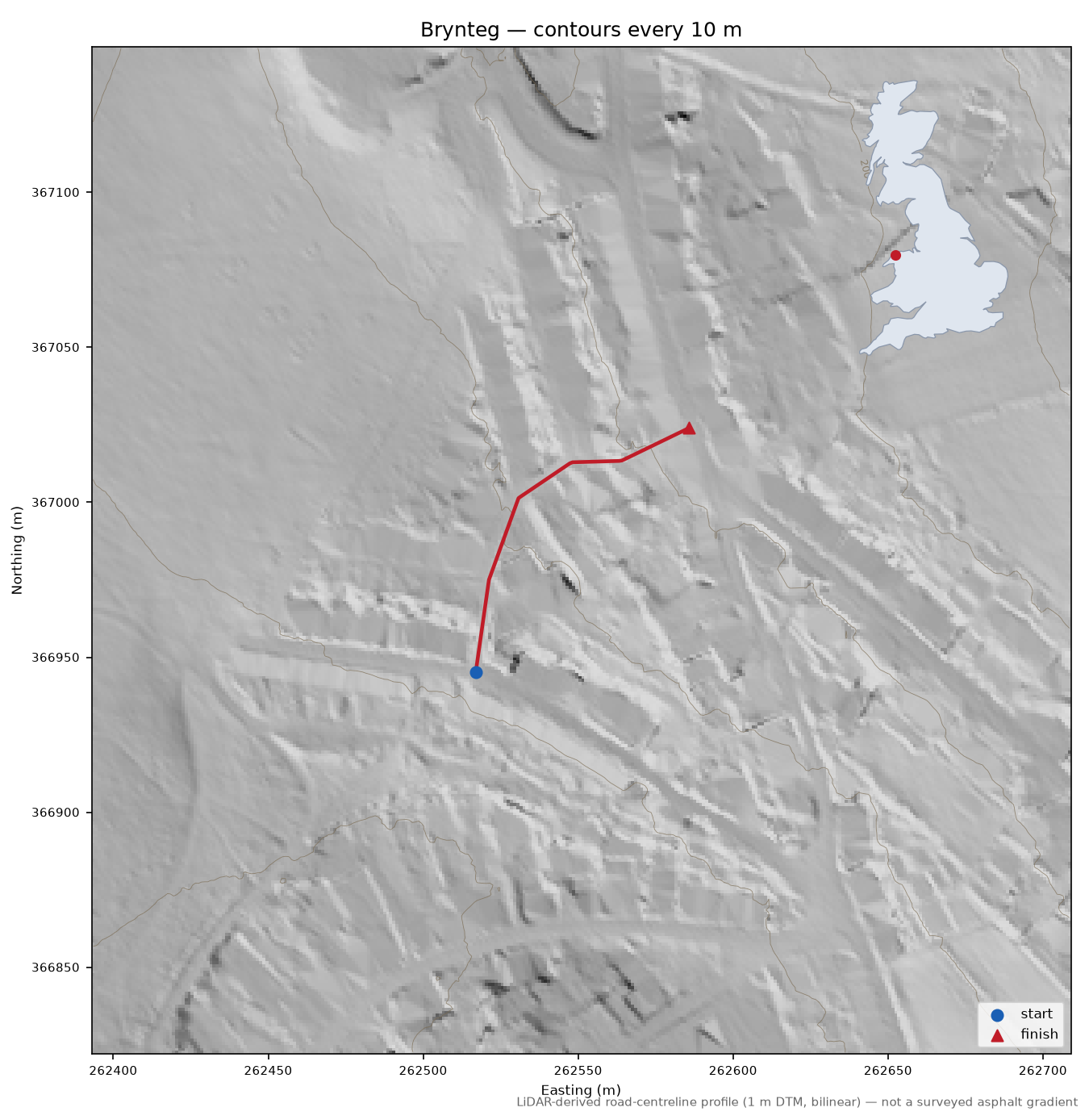 Brynteg LiDAR hillshade map with contours