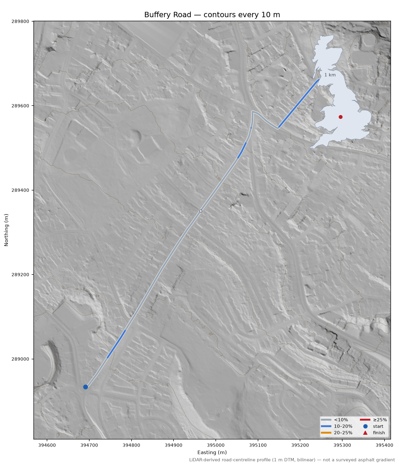 Buffery Road LiDAR hillshade map with contours