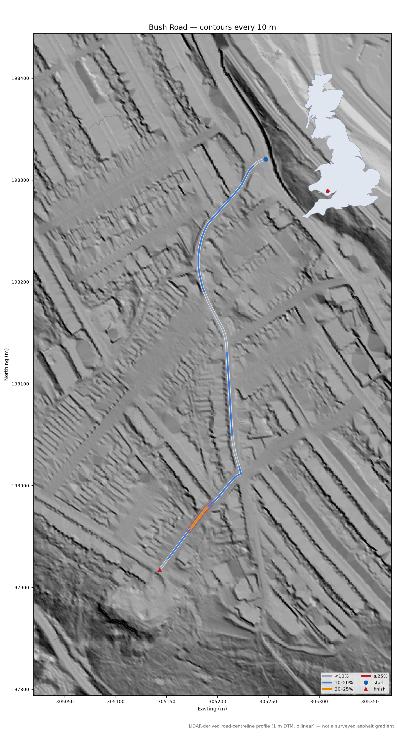 Bush Road LiDAR hillshade map with contours