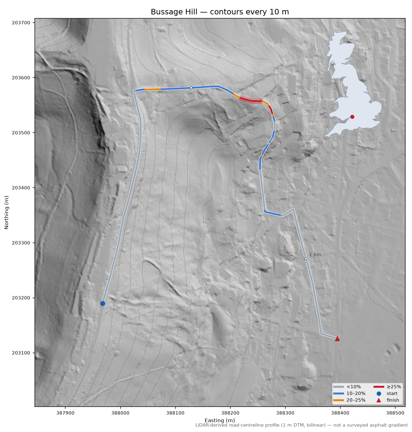 Bussage Hill LiDAR hillshade map with contours